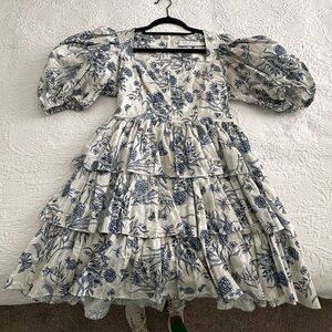HUNTER BELL White Dress with Blue Floral Print and Tiered Skirt